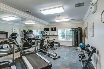 A well-equipped gym with treadmills, exercise bikes, and other fitness equipment